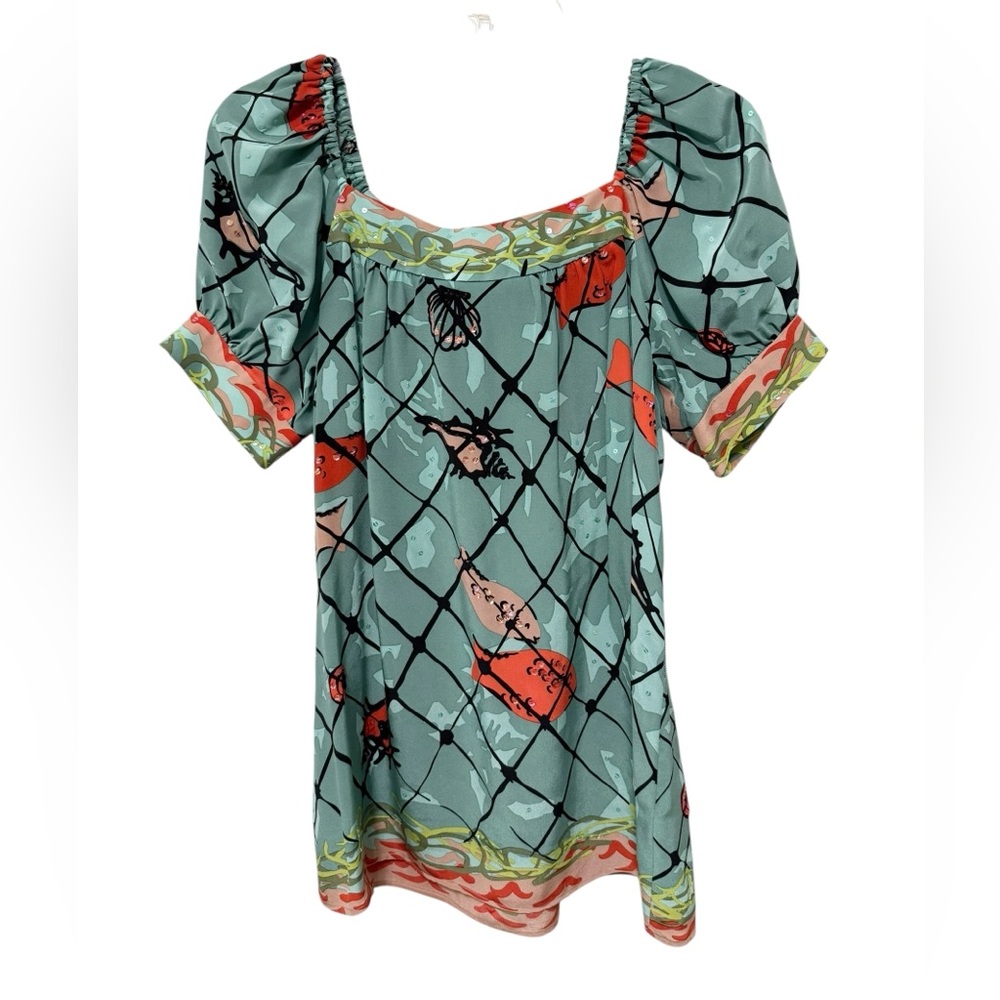 NWT! Nanette Lepore Green Orange Tropical Fish Print and Sequined Blouse Size 2